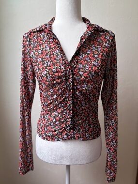 Ember Sheer Floral Ruched Mesh Top Y2K Coquette Long Sleeve Medium